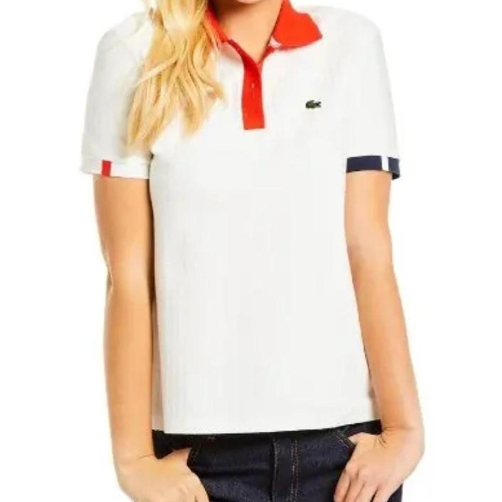 Lacoste Made in France White Textured Polo Shirt Red Collar Size 38, US 6-8 Rare